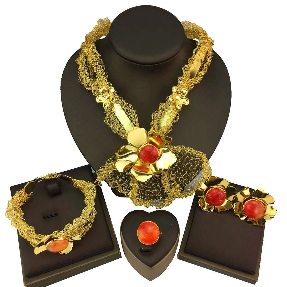 

Yuminglai Women Brazilian Style Fashion Bride Wedding Trendy African 24K Gold Plated Copper Jewelry Set FHK18198