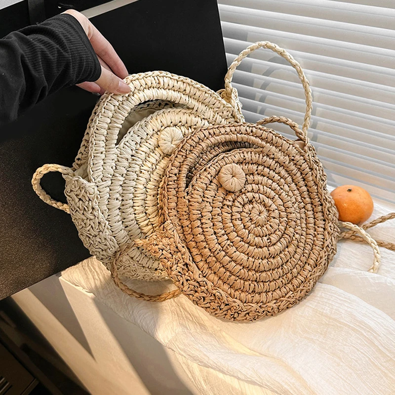 Straw Round Shoulder Bag 2024 Summer New Hawaii Hand-Woven Straw Bag Holiday Beach Beach Women's Handbag