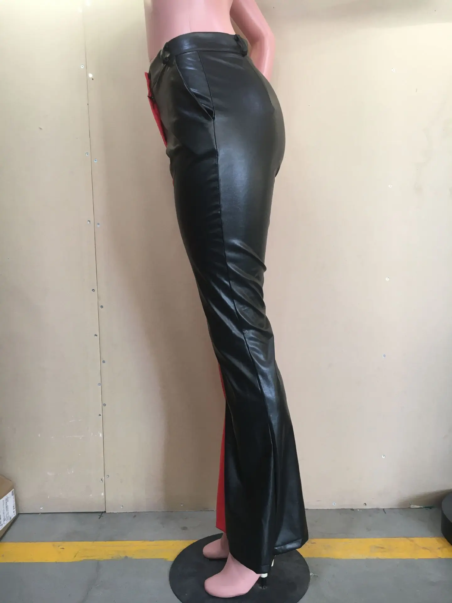 Y5217 European and American women's Fashionable Spring and Autumn Color Blocking PU Leather Bell-Bottoms