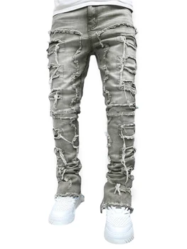 Men Skinny Pants Vintage Patch Frayed Denim Pants Spring Fall Casual Leggings Trousers with Pockets 1