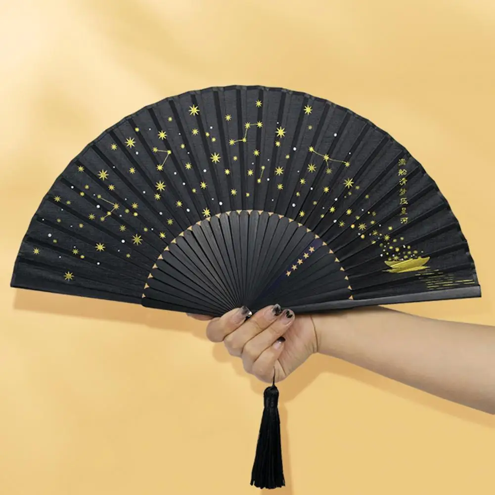 Handheld Summer Fan Chinese Style Starry Sky Folding Fan Tassel Dance Performance Photo Props Portable Summer