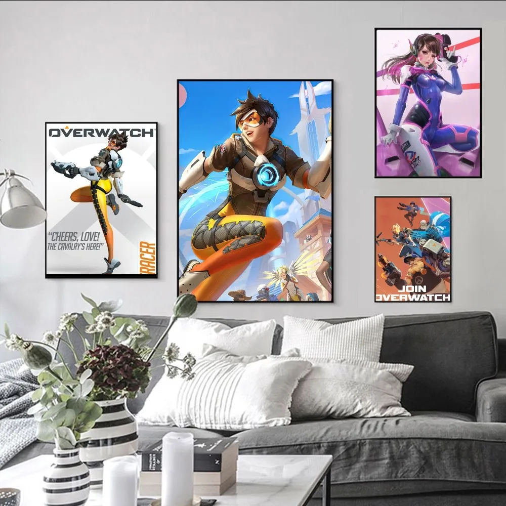 O-Overwatch Game Poster Poster Artistico Autoadesivo Retro Carta Kraft Sticker Diy Room Bar Cafe Pittura Decorativa Vintage