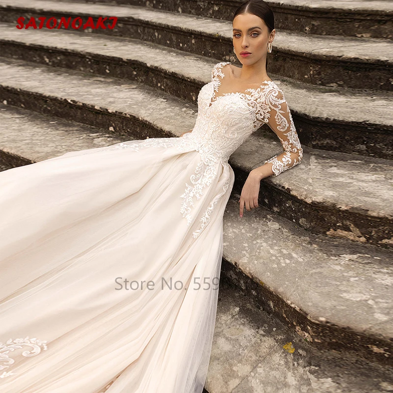 modest wedding dresses Vestidos De Novia Boho Champagne Tulle Weeding Dress 2022 A-Line V-Neck Long Sleeves Lace Applique Illusion Backless Bridal Gown bridesmaid dresses