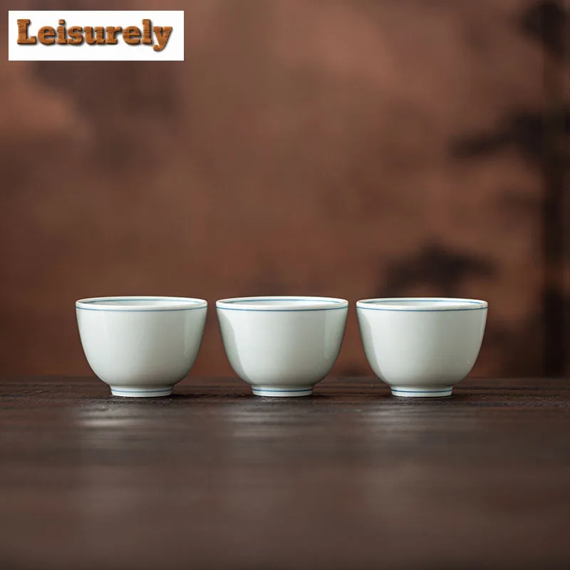 100ml Green Glaze Hand-painted Double Line Open Mouth Teacup Retro Tea Bowl Mug Tea-tasting Meditation Cup Jianzhan Master Cups