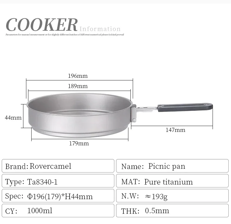 Camping Cookware Set Ultralight Titanium pot and Fry Pan with Foldable handle 3 Piece Cookset for Camping and Outdoor