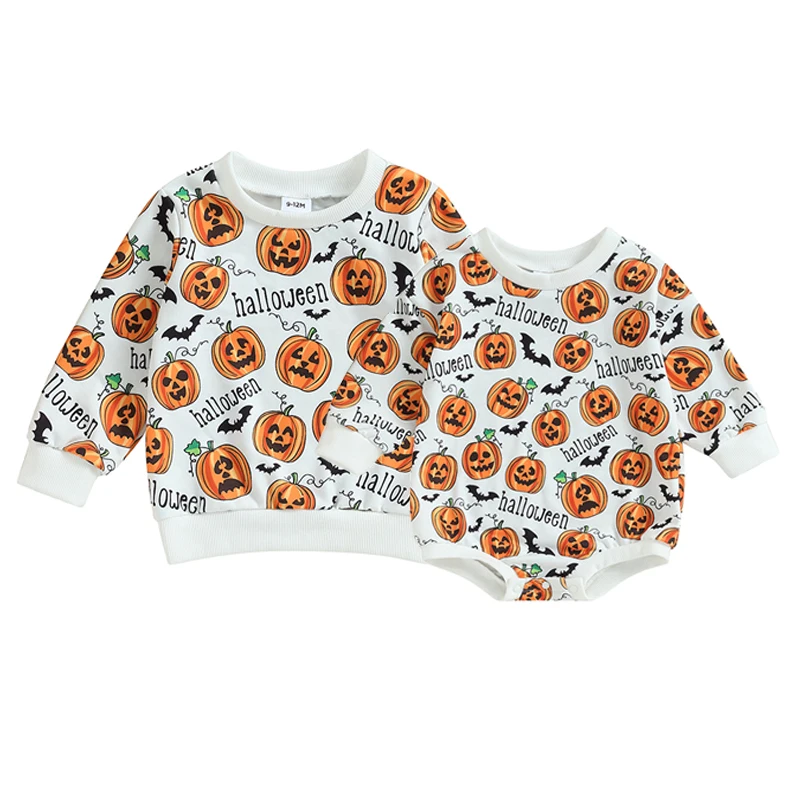 

2023-06-09 Lioraitiin 0-24M Infant Baby Boy Girl Halloween Jumpsuit Letter & Pumpkin & Bat Print Round Neck Sweatshirt/Romper