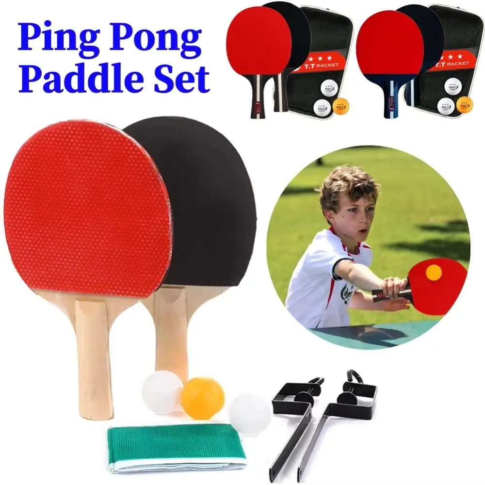 With 3 Balls Table Tennis Set with Mesh Rack Poplar Wood Ping Pong Supplies Comfort Handle Fall Prevention Ping Pong Set