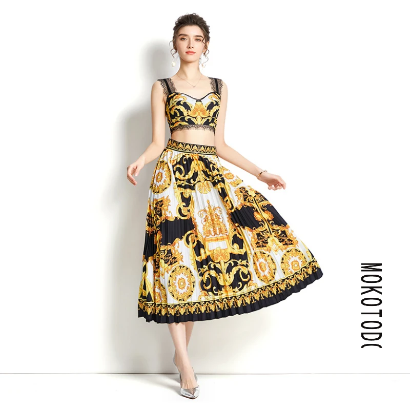 

Women Clothing for Party 2022 New Spring/summer Holiday Print Polyester Casual A-LINE Camisole Pleated Skirt Lace Tank Top Set