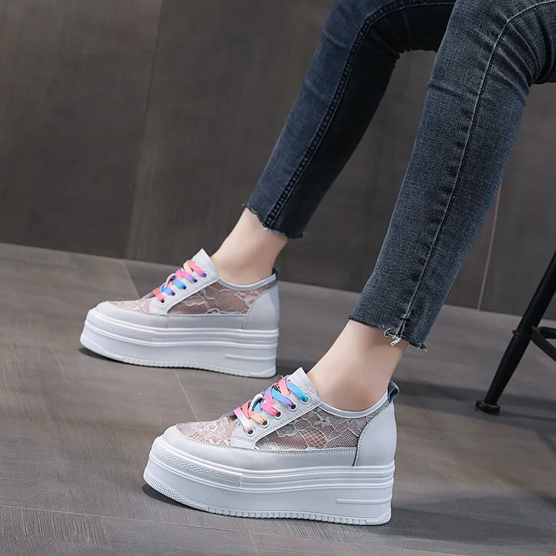 

Hidden Wedge Sneakers White Chunky Sneakers Women Plataform Lace Genuine Leather Casual Shoes Women Summer Sport Shoes 2022 New