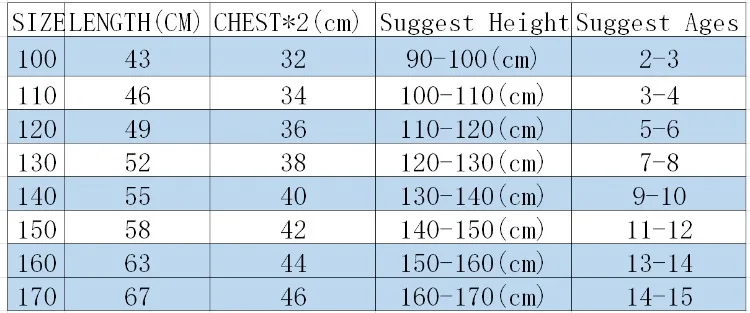 DAYLUFOO Kids Jacket Size Chart