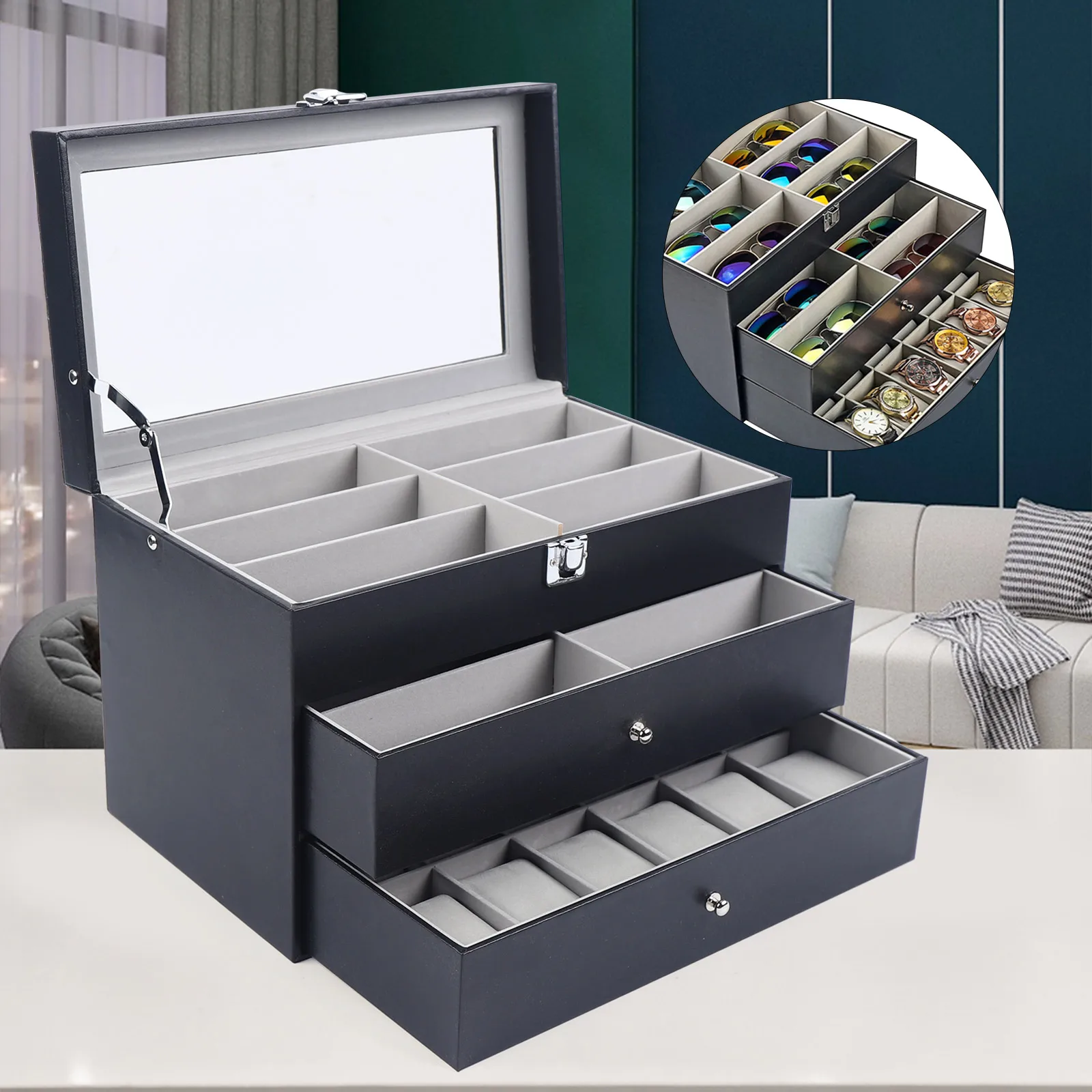 

Black Leather 12 Watch and 12 Eyeglasses Sunglasses Box Jewelry Display Metal Buckle Case Organizer