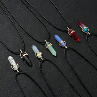 Collier à Quartz pilier hexagonal, collier en cristal rose Turquoise, chaîne en cuir véritable, ras du cou en pierre naturelle, 7 pièces/ensemble 2