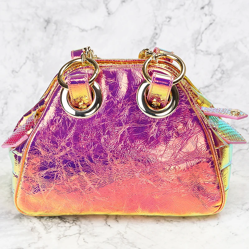 XIAOJINGLING Colorful Pink Laser Bowling Bag Genuine Cowhide 18*22.5*9cm Handbag Shoulder Messenger for Women Girl Party |