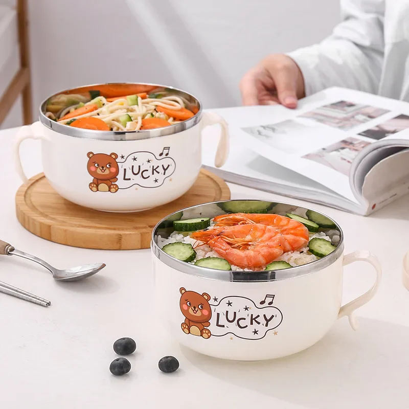 Cartoon Stainless Steel Instant Noodle Bowl with Lid  Large Capacity Student Lunch Box Dormitory Practical Gift Fast Food Cup
