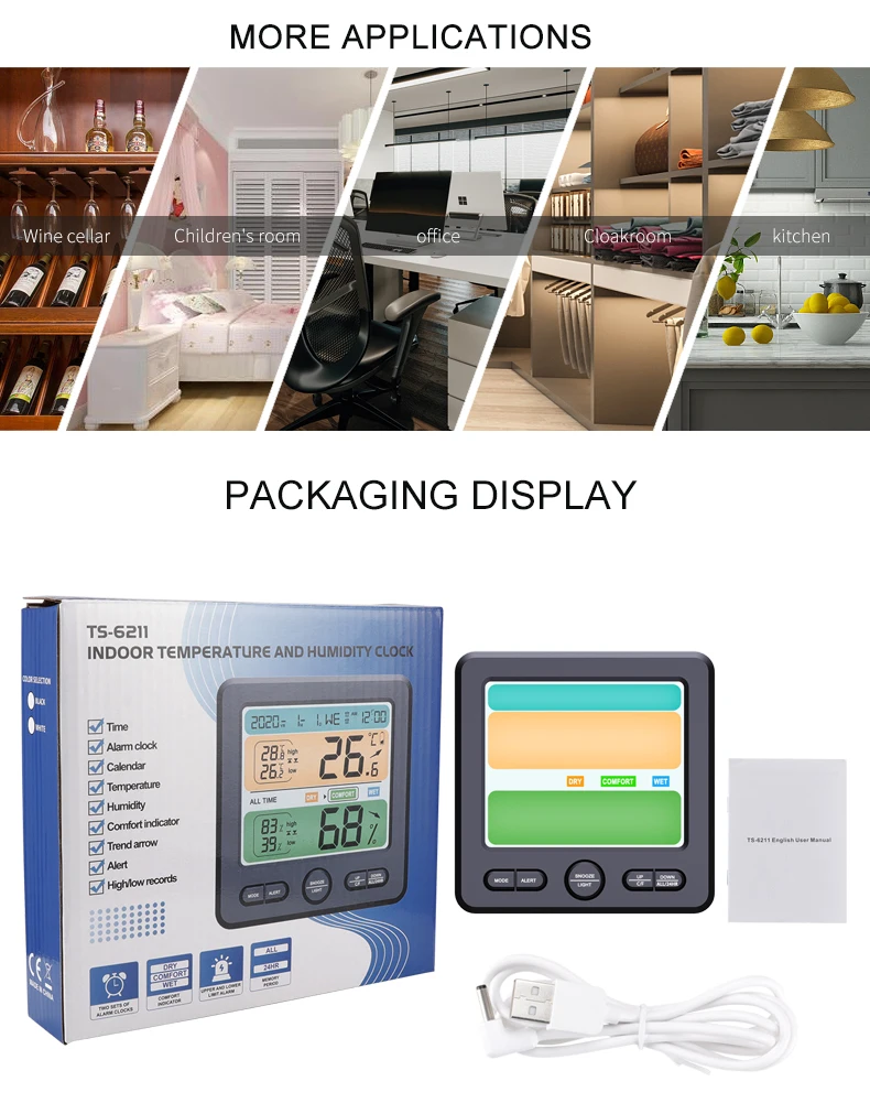 S8b1f65f9991a4fd4a5837cf474ba447bC Home Indoor Temperature Humidity Meter LCD Display Backlight Digital Thermometer Hygrometer With Alarm Clock Calendar Function