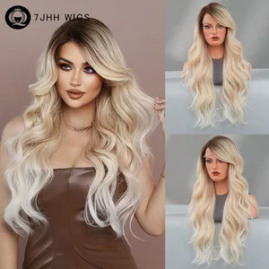 7JHHWIGS HD Transparent Lace Front Wig Curly Side Part Black Ombre Platinum Wigs Synthetic Long Loose Body Wavy Lace Frontal Wig