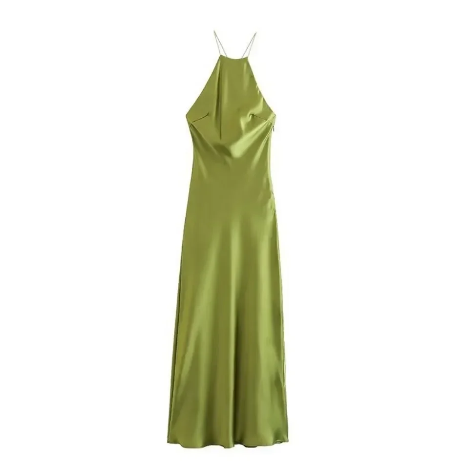 Frühling Sommer Damen ärmelloses Maxikleid Satin Fühlen europäischen amerikanischen Stil Sexy Bankett Abendkleid Kleidung – Detail 8