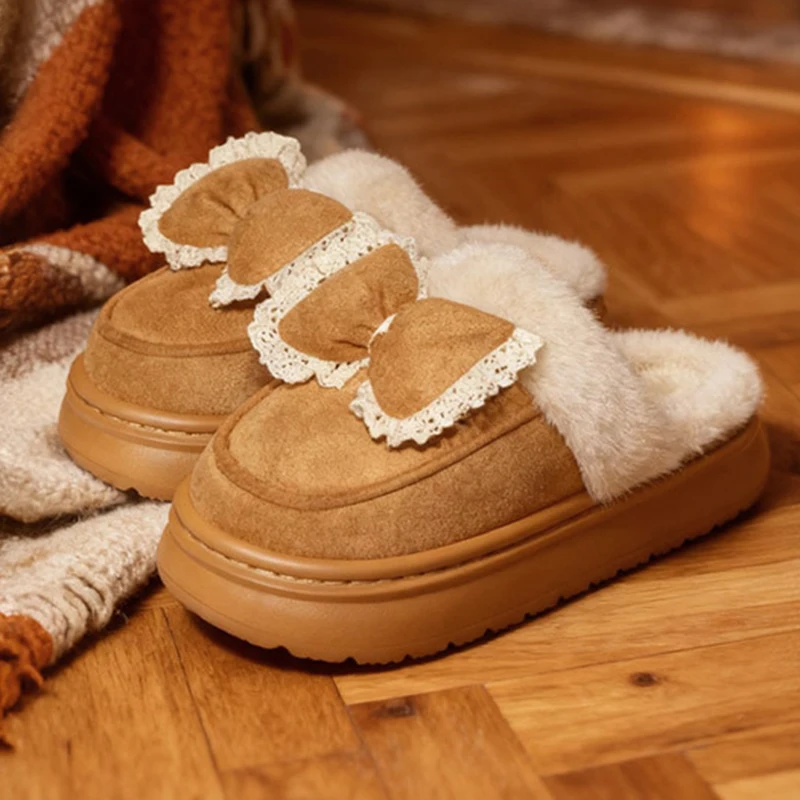 Fashion Bowknot Fluffy Slippers Women Indoor Thick Platform Soft Warm Cotton Slides Woman Autumn Winter Anti Slip Plush Slippers