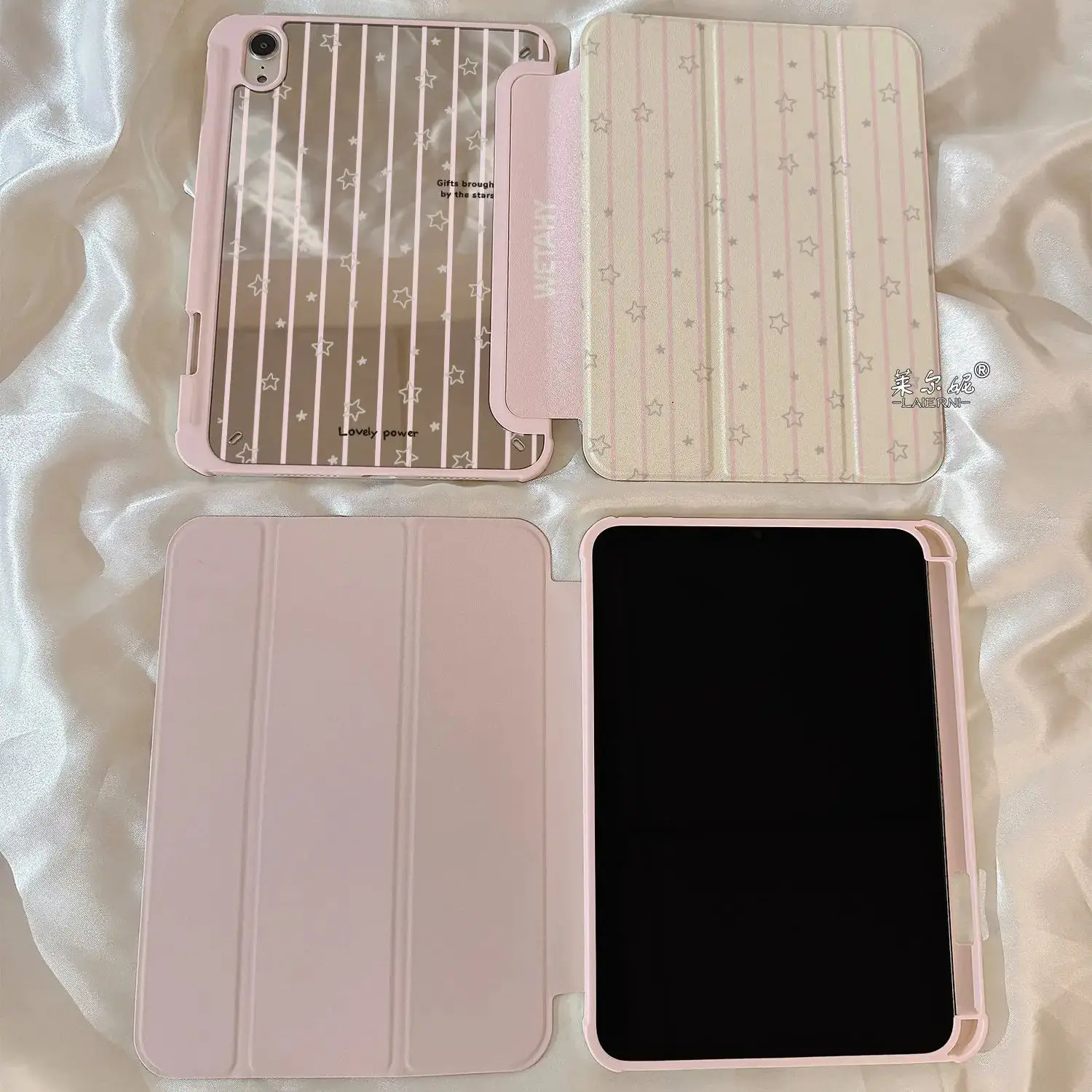 Korean Stripes & Stars Mirror Design Anti-Bend Tri-Fold Tablet Case Cover