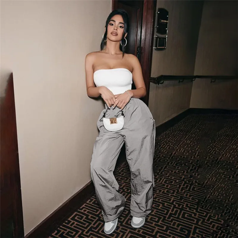

Baggy Black Cargo Pants for Women Y2k Summer Straight Tassel Solid Trousers Elastic High Waist Sweatpant Hip Hop Basic Clothing