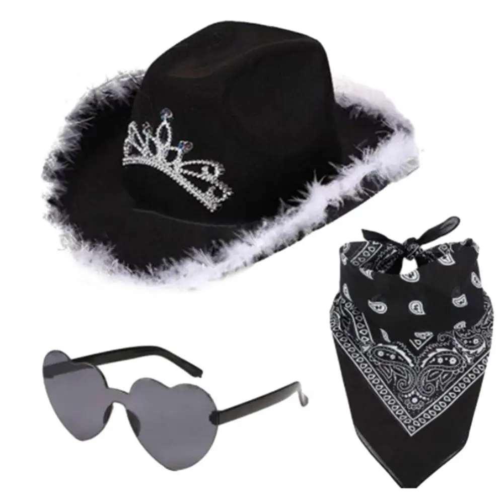 

Holiday Photo Prop Vintage Cowboy Hat with Shiny Sequin Decor Feather Detail Western Style Sunshade Glasses for Performance