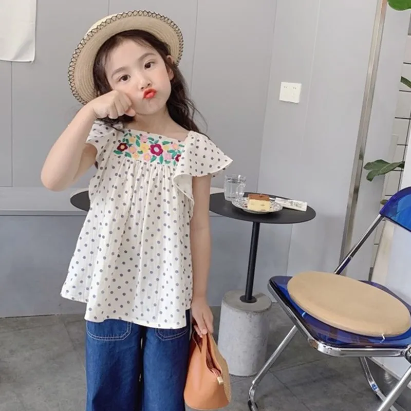 

kids top Girls Polka Dot Print Small Fly Sleeves Loose T-Shirts Girls High Quality Flower Embroidery T-shirt