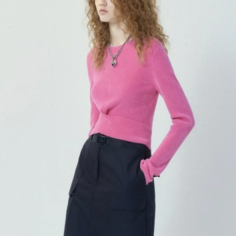 

New Autumn Women Slim Cross Hem Short Round Neck Bottoming Sweater