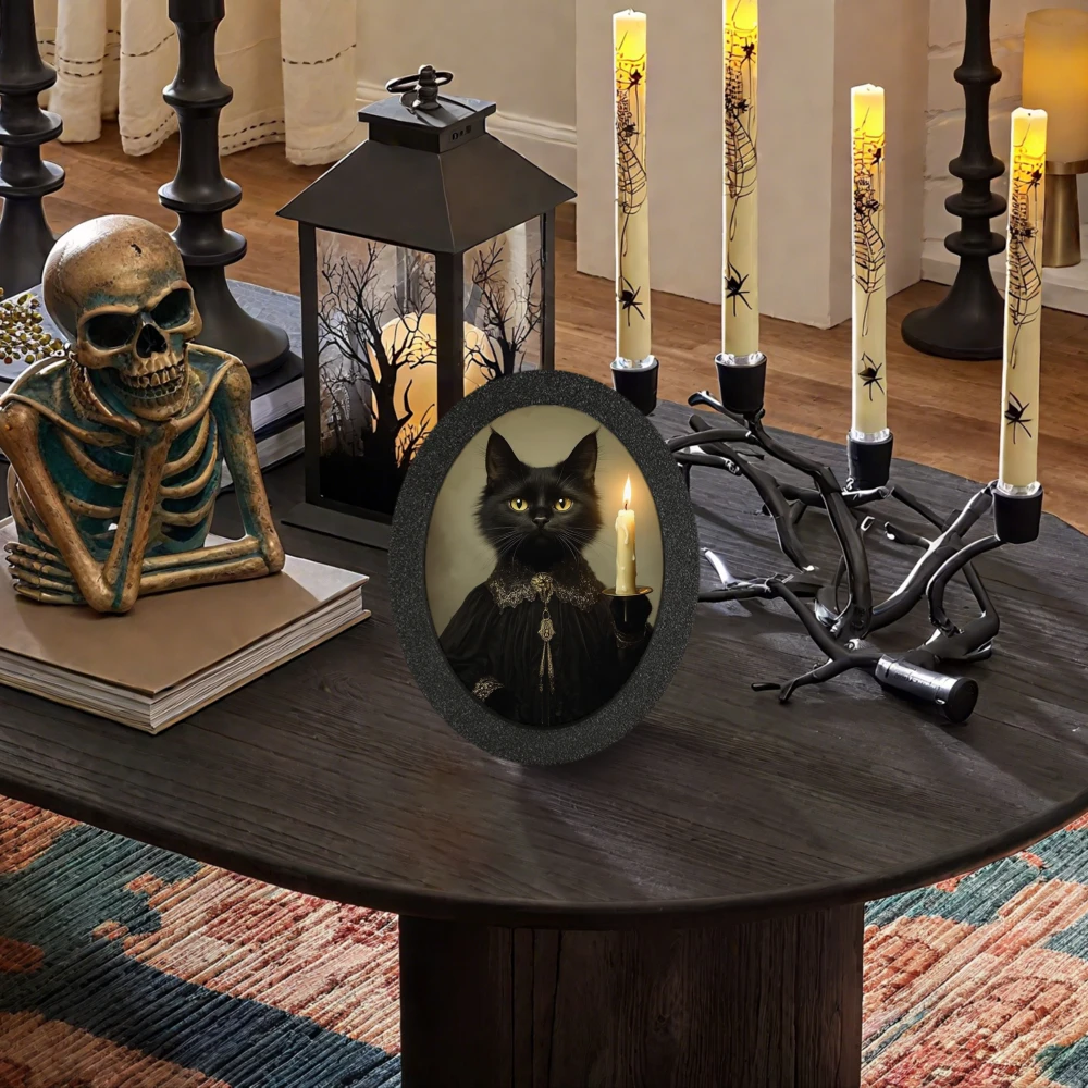 Gothic Black Cat Candle Holder Oval Decoration for Halloween and Retro Spa Ambiance