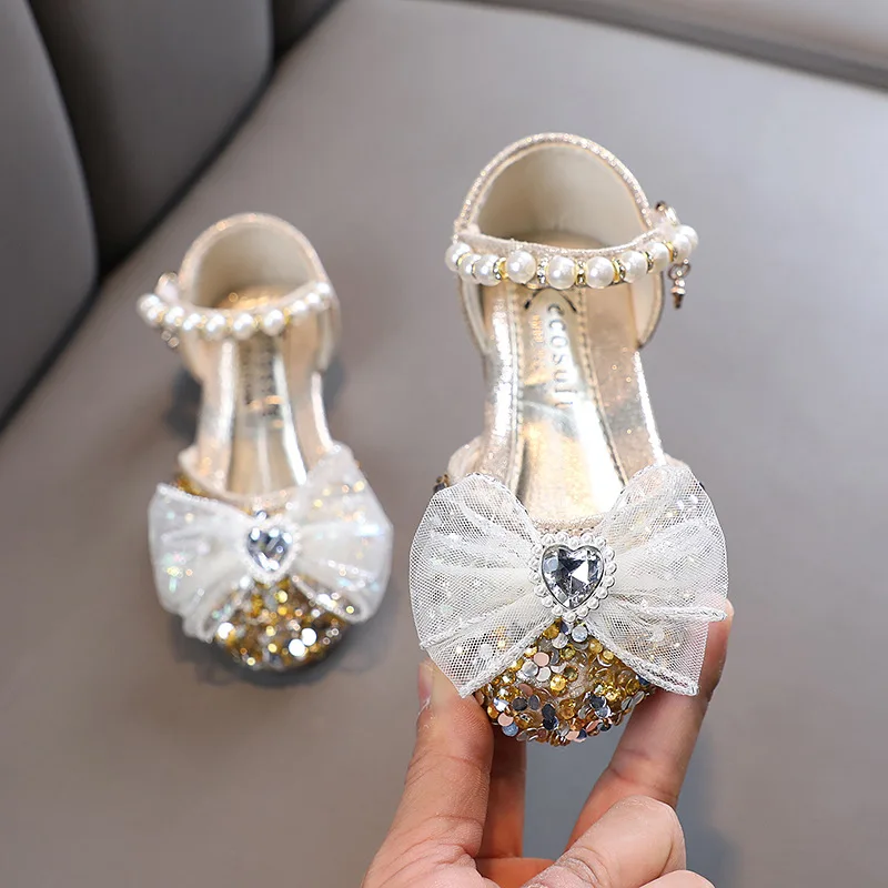 

2023 Summer New Sandals Fashion Bow Sequins Girl Princess Sandals Children Non-slip Flats Dance Performance Shoes H793