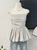 Kimotimo French One Shoulder Pleated Slim Tube Top Women Sexy Waist Ruffled Sleeveless Vests Summer Y2k Solid All Match Tanks - Image 4