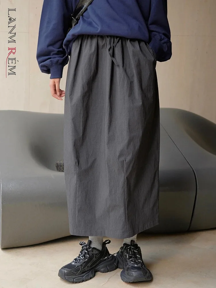 [LANMREM] Fashion Drawstring Design High Waist Skirts Women Straight Split Mid-length Female Skirt 2024 Spring New 26D5526