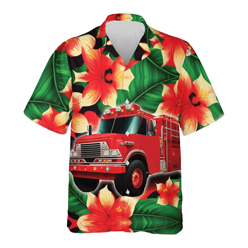 Fashion Firefighter Graphic Short Sleeve Shirts For Men Clothes Hero Profession Streetwear Blouses Fire Truck Lapel Blouse Tops