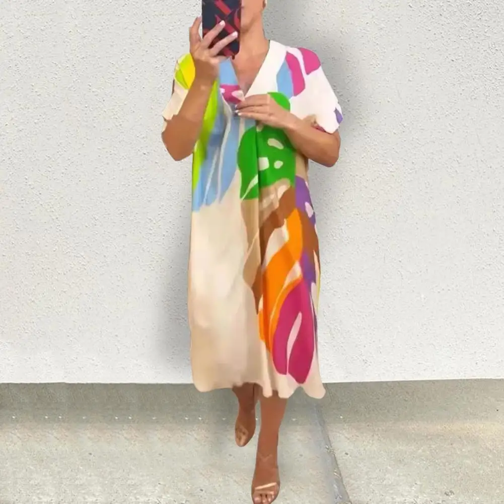 

Summer Midi Dress Bohemian Style V Neck Midi Dress for Women with Colorful Printing Short Sleeves Loose Fit for Vacation