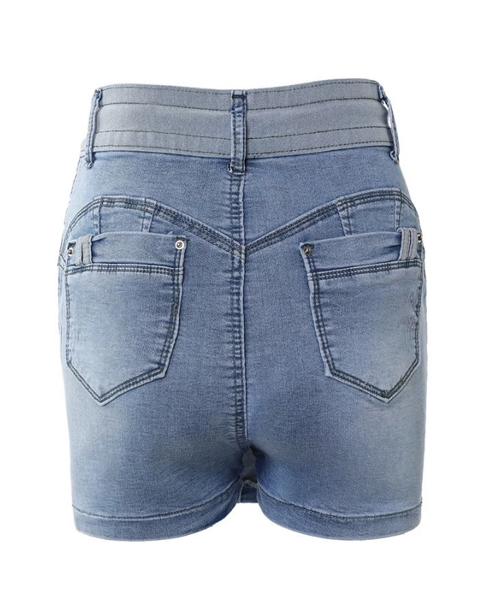 Women's Denim Shorts Skirt 2024 Fashion Contrast Binding Ripped Drawstring Denim Skorts Washed Pocket Zipper Design Denim Shorts