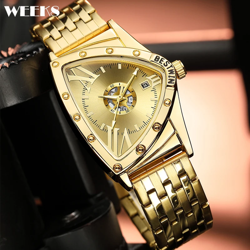 Luxury Men Watch Men's Golden Quartz Wristwatch Classic Brand Gold Black Triangle Dial Case New Roman Numerals Watches Man Clock the case of the golden idol pc