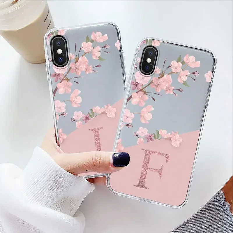 Stylish Pink Flower Letter Clear Phone Case - Shockproof Soft Transparent Cover