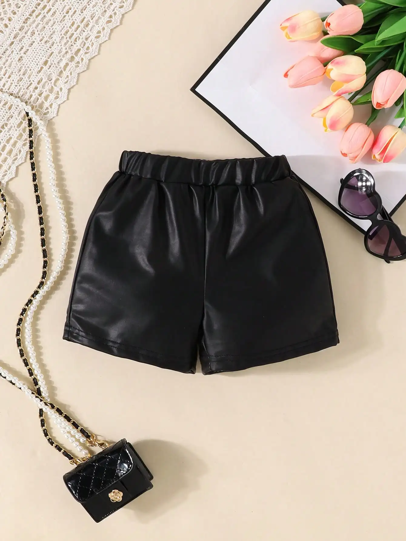 2025 New Black Shorts Leather Pants Retro Trend Fabric Soft And Comfortable Version Of Loose Simple Everything With Baby Girls