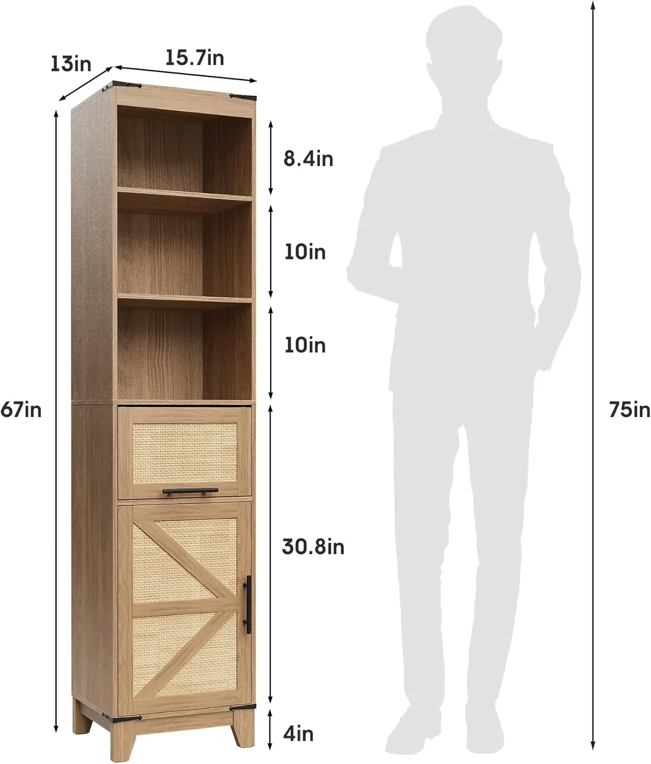 Rattan Bathroom Cabinet, Farmhouse Storage Cabinet with Adjustable Shelves & Drawer, Tall Narrow Cabinet for Bathroom, Kitchen