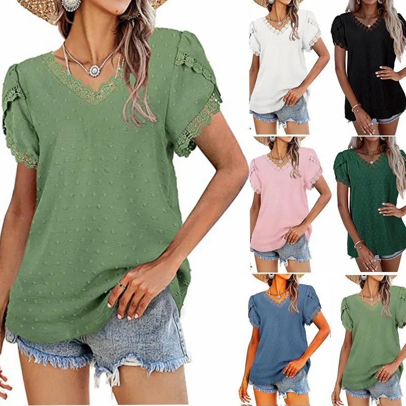 

Женская винтажная блузка с коротким рукавом, кружевная однотонная Свободная блузка с V-образным вырезом и короткими рукавами-лепестками