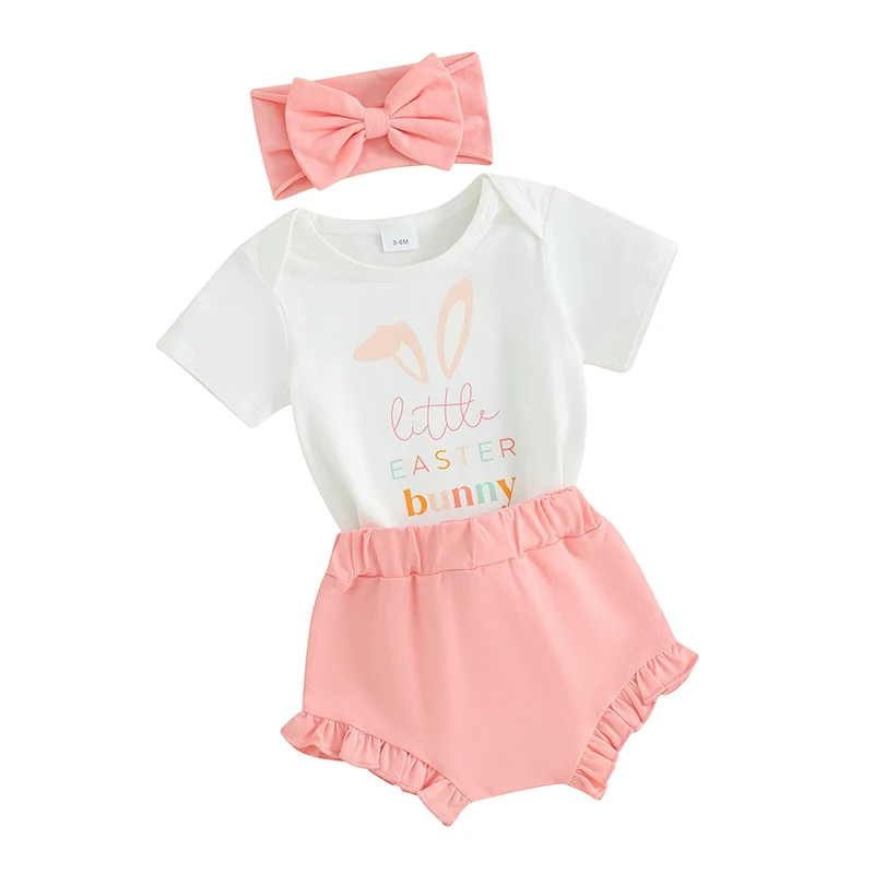 

Infant Baby Girls Easter Outfits Short Sleeve Rabbit Print Romper Ruffle PP Shorts with Hairband 3Pcs Clothes Set