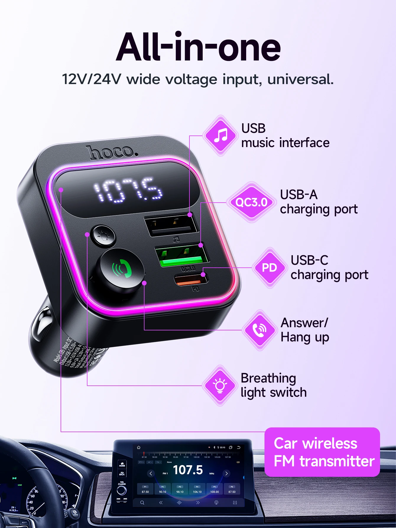 HOCO E85 20W Bluetooth 5.4 Car FM Transmitter with PD20W & QC3.0