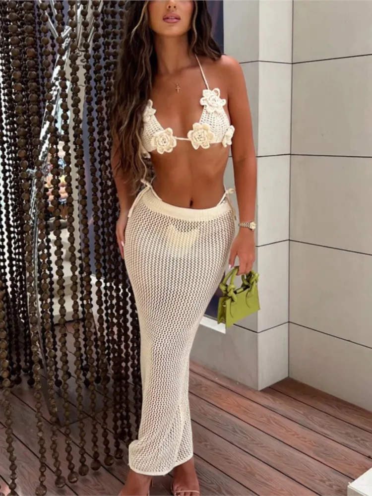 Swimwear Skirt Cover-up 2 Piece Set Women Crop Tops And Maxi Skirt Bathing Suit Fashion Solid Hollow Sexy Beach Cover Up Outfits 1