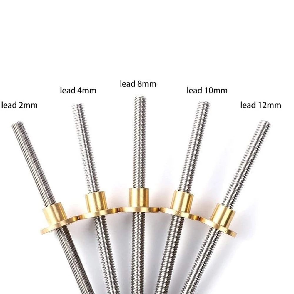 원형 구리 너트 리드 사다리꼴 나사, 3D 프린터 스텝퍼 모터 변속기 부품, T5, 1, 2, 4mm 길이, 100-1000mm