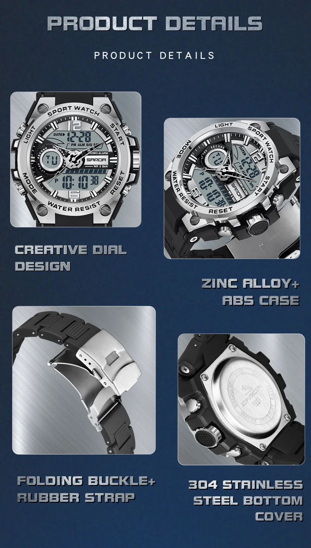 2023 SANDA Quartz Watch For Men Wristwatches 50M Waterproof Alarm Male Clock Dual Display Digital Wrist Watches Sports Watches