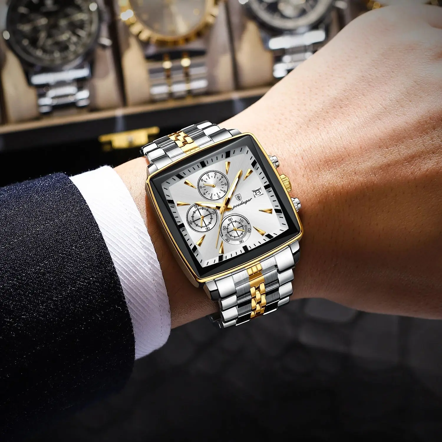 Orologio Uomo JewelryWe Al Quarzo – Quadrante Quadrato In Acciaio, Elegante E Lussuoso, Con Sacchetto In Velluto