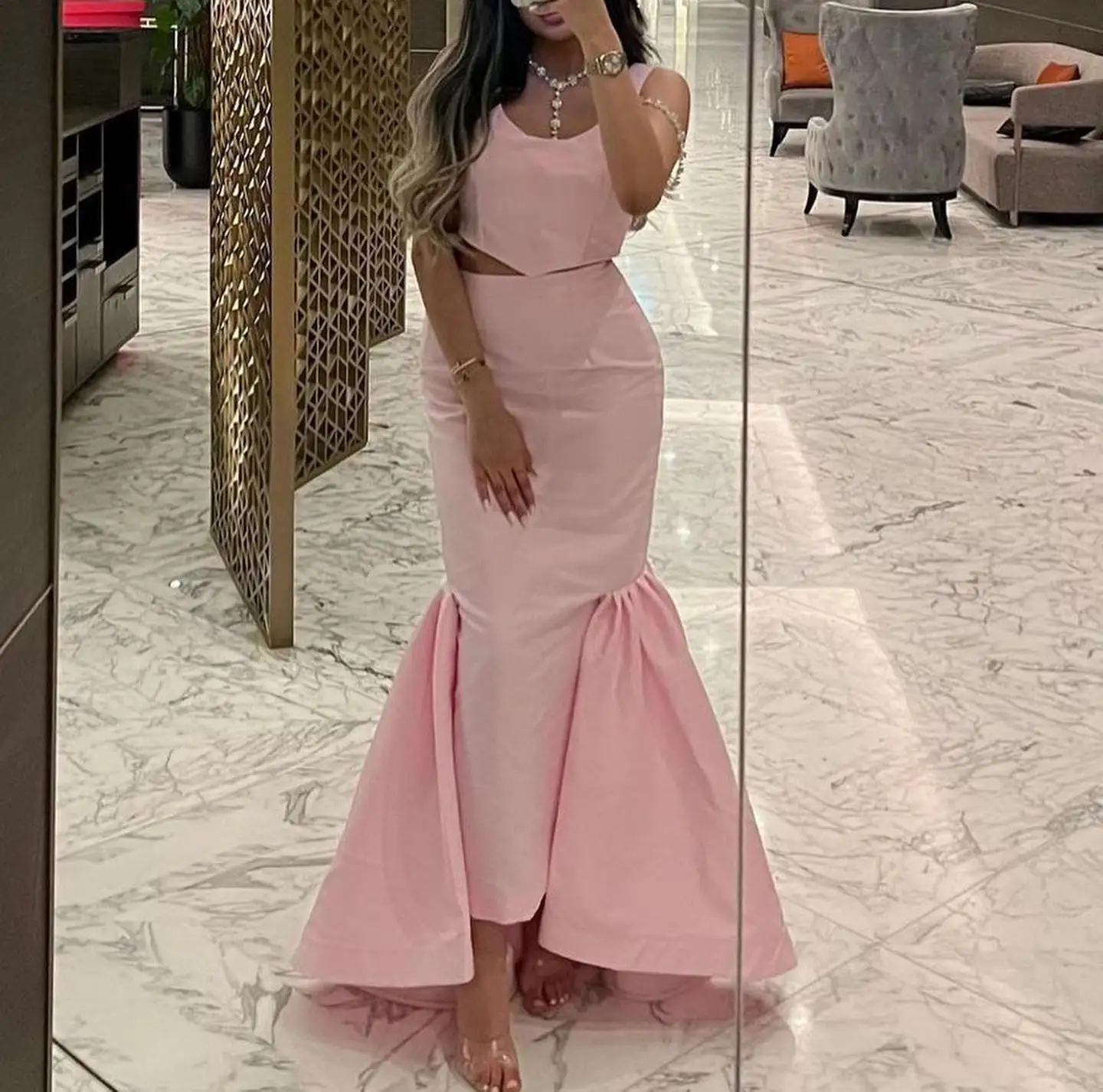 

OEING O-Neck Luxury Formal Evening Dress Pink Sheath Satin Sleeveless فساتين سهرة Floor Length Elegant Prom Growns Party Women