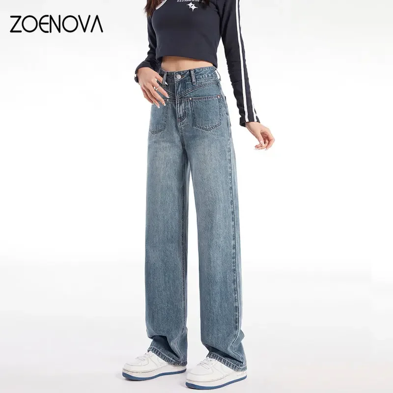 ZOENOVA Y2K 한국 스타일 여성 패션 바지, 루즈 하이 웨이스트 와이드 레그 팬츠, 빈티지 블루, 핫 걸 청바지