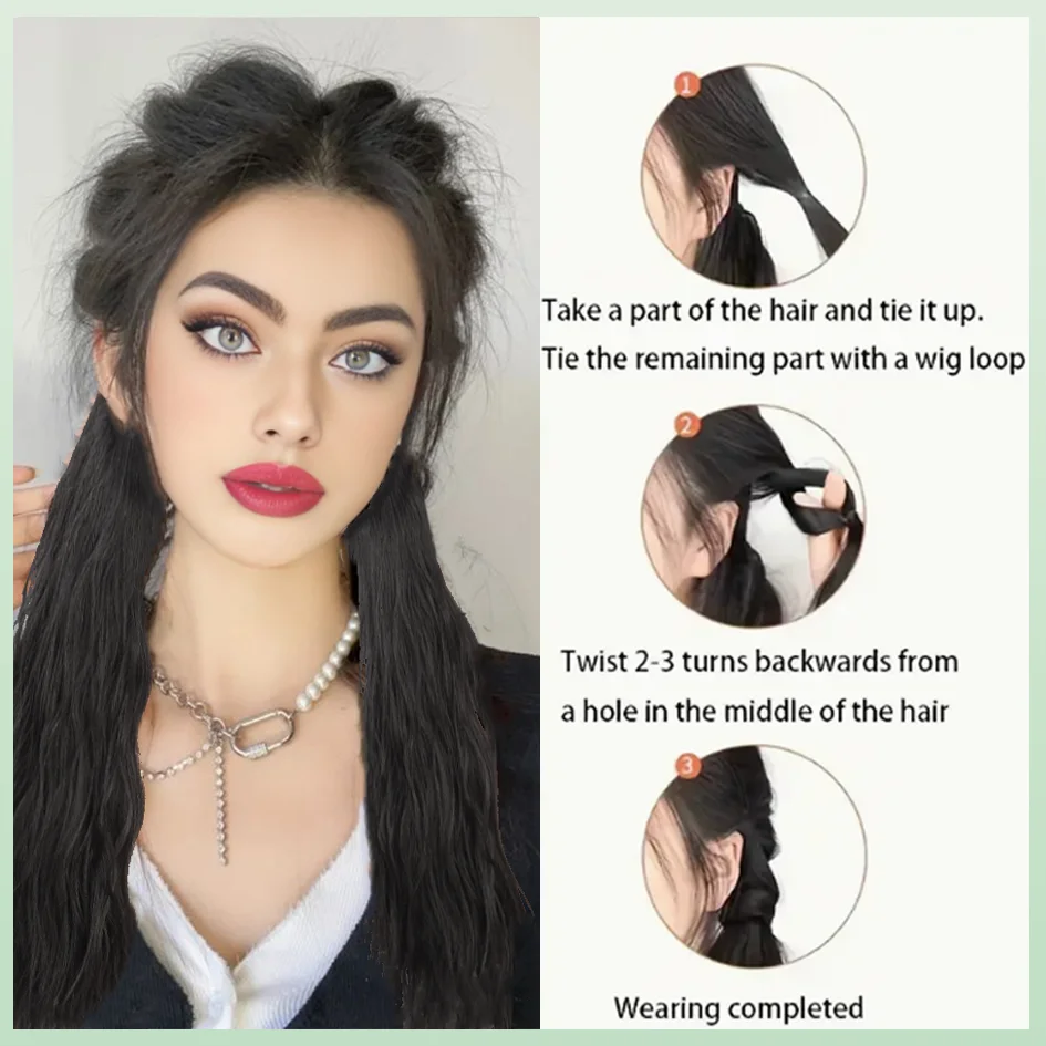 Synthetic 20 inch/22 inch long wavy ponytail tie, elastic headband hair accessory, ponytail extension, double ponytail Lolita