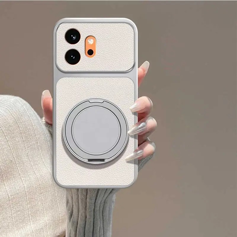 Premium Lychee Texture Leather Case with Ring Stand Holder and Camera Lens Protection