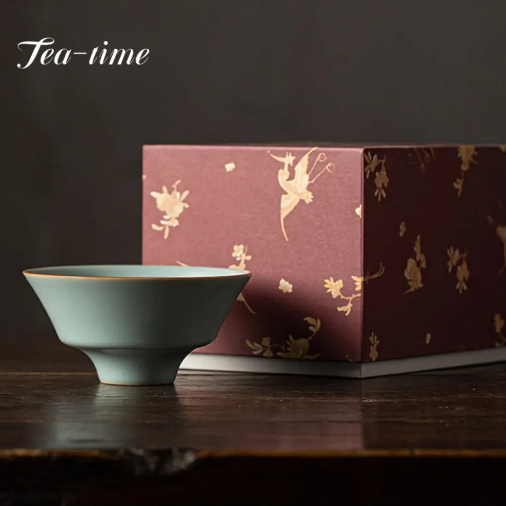 

130ml Chinese Azure Ru Kiln Porcelain Teacup Creative High Foot Bamboo Hat Tea Bowl Personal Master Cup Kung Fu Teaware Gift Box